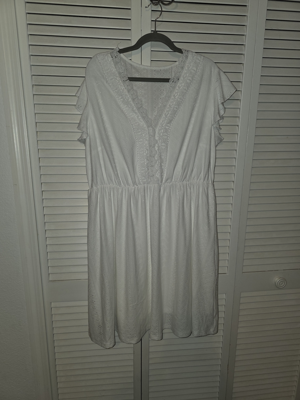 White Lace V-Neck Flutter Sleeve Dress